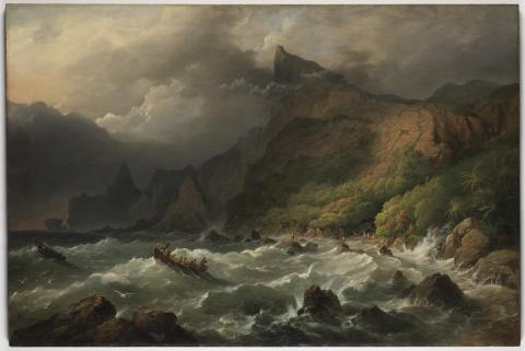 A mountain, people on the beach and a boat on rocky waves