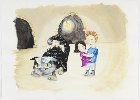 A collage artwork showing a large cat and two children. 