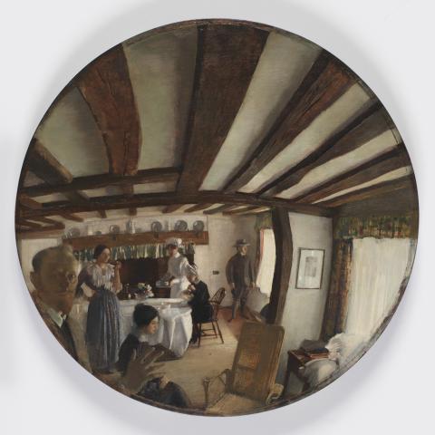 Circular painting of a family sitting in a room